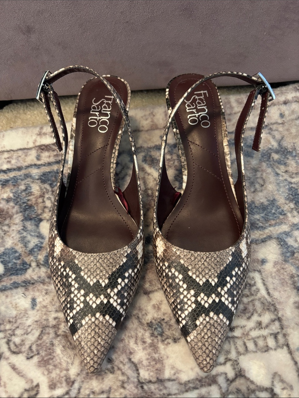 Franco Sarto Taupe and Black Snake-Print Pointed Slingback Heels